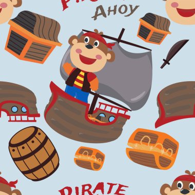 Komik maymun korsan karikatürü, kumaş, tekstil, kreş, bebek kıyafetleri, arka plan, tekstil, ambalaj kağıdı ve diğer dekorasyonlar için şirin deniz desenli vektör kusursuz desen..