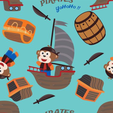 Komik maymun korsan karikatürü, kumaş, tekstil, kreş, bebek kıyafetleri, arka plan, tekstil, ambalaj kağıdı ve diğer dekorasyonlar için şirin deniz desenli vektör kusursuz desen..