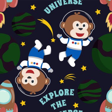 Çizgi film tarzıyla uzayda kusursuz desenli şirin astronot maymunu. Uzay roketleri, gezegenler, yıldızlar. Kumaş, tekstil, çocuk odası duvar kâğıdı, kart, poster için yaratıcı çocuksu arkaplan.