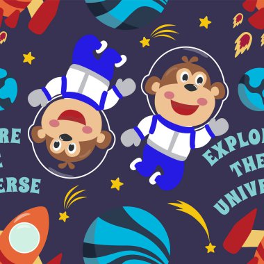 Küçük sevimli astronotlar, roketler ve yıldızlarla kusursuz bir model. Kumaş, tekstil, bebek odası duvar kâğıdı, poster, broşür için yaratıcı çocuksu arka plan. Vektör illüstrasyon arkaplanı.