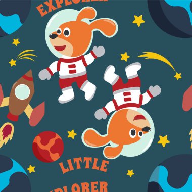 Küçük sevimli astronotlar, roketler ve yıldızlarla kusursuz bir model. Kumaş, tekstil, bebek odası duvar kâğıdı, poster, broşür için yaratıcı çocuksu arka plan. Vektör illüstrasyon arkaplanı.