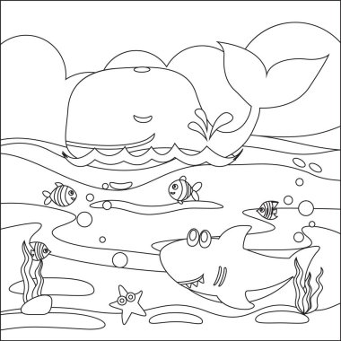 Küçük balina ve köpekbalığının vektör karikatür çizimi, çocuk aktivite kitabı ya da sayfa boyama için çizgi film stili tasarımı.