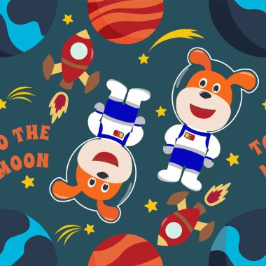Küçük sevimli astronotlar, roketler ve yıldızlarla kusursuz bir model. Kumaş, tekstil, bebek odası duvar kâğıdı, poster, broşür için yaratıcı çocuksu arka plan. Vektör illüstrasyon arkaplanı.