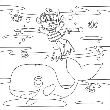 Küçük maymun ve balinanın vektör çizimi, çocuk aktivite kitabı ya da sayfa boyama için çizgi film tarzı çocuksu tasarımı.