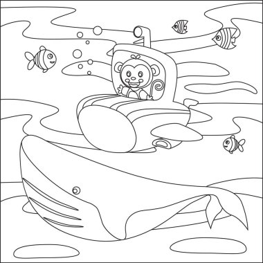 Çocuk aktivite kitabı ya da sayfa boyama gibi çizgi film tarzı çocuksu tasarımı olan küçük maymun sürücüsü denizaltısının vektör çizimi.