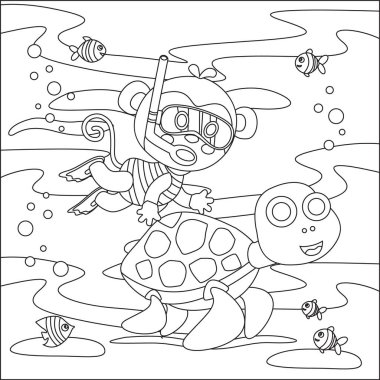 Küçük maymun ve kaplumbağanın vektör karikatür çizimi, çocuk aktivite kitabı ya da sayfa boyama için çizgi film stili tasarımı.