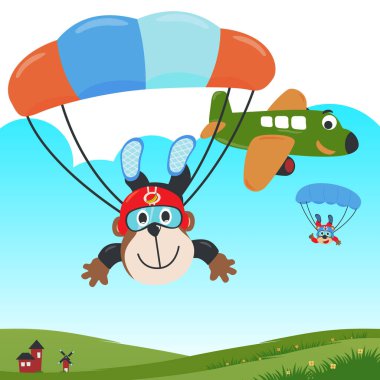 Paraşütle uçan şirin bir maymunun vektör çizimi. Çizgi film tarzında. Kumaş tekstil, bebek odası duvar kağıdı, poster, kart, broşür için yaratıcı çocuksu bir arka plan. vektör illüstrasyonu