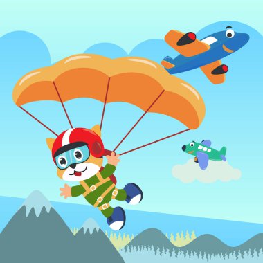 Paraşütle uçan sevimli bir kedinin vektör çizimi. Çizgi film tarzında. Kumaş tekstil, bebek odası duvar kağıdı, poster, kart, broşür için yaratıcı çocuksu bir arka plan. vektör illüstrasyonu