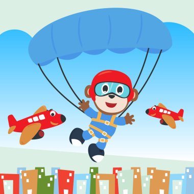 Paraşütle uçan şirin bir maymunun vektör çizimi. Çizgi film tarzında. Kumaş tekstil, bebek odası duvar kağıdı, poster, kart, broşür için yaratıcı çocuksu bir arka plan. vektör illüstrasyonu