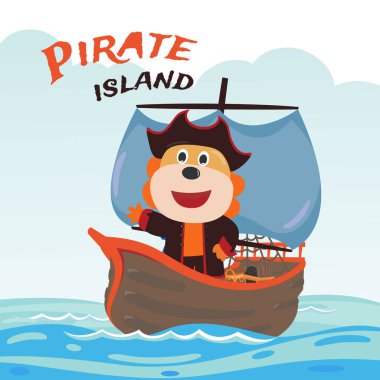 Denizdeki karikatür tarzında bir gemide aslan korsanın vektör çizimi. Kumaş, tekstil, bebek odası duvar kâğıdı, poster, kart, broşür için yaratıcı çocuksu bir geçmiş. vektör çizimi