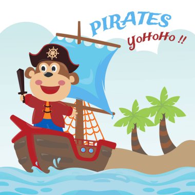 Çizgi film tarzıyla sevimli korsan maymun vektör çizimi. Kumaş, tekstil, bebek odası duvar kâğıdı, poster, kart, broşür için yaratıcı çocuksu bir geçmiş. ve diğer dekorasyon.