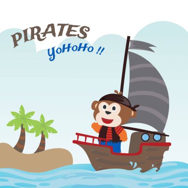 Denizdeki karikatür tarzında bir gemide maymun korsanın temsili. Kumaş, tekstil, bebek odası duvar kâğıdı, poster, kart, broşür için yaratıcı çocuksu bir geçmiş. vektör illüstrasyonu