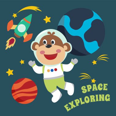 Çizgi film tarzında uzay giysili astronot ya da maymun. Tişört baskısı için kullanılabilir, çocuklar moda tasarımı giyebilir, davetiye kartı takabilir. kumaş, tekstil, çocuk odası duvar kağıdı, poster ve diğer dekorasyonlar.