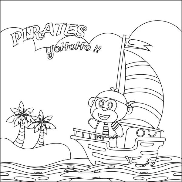 Denizdeki karikatür tarzında bir gemide maymun korsanın temsili. Çocuk aktivite kitabı ya da sayfa boyama için çizgi film stili çocuksu tasarımı.