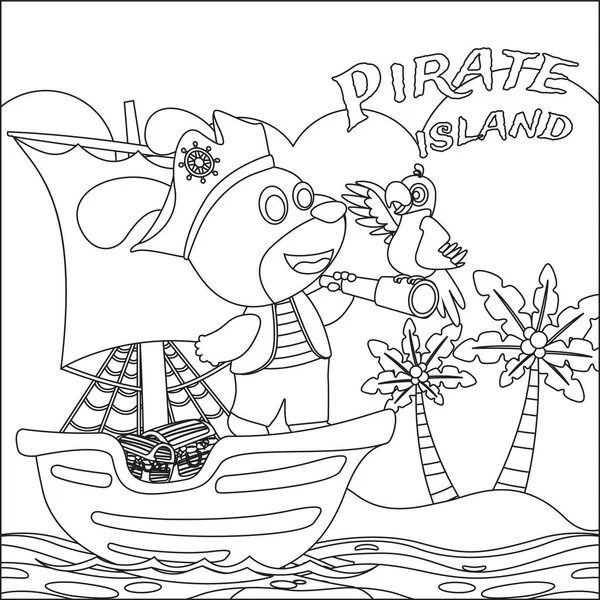 Denizdeki karikatür tarzında bir gemide köpek korsanın vektör çizimi. Çocuk aktivite kitabı ya da sayfa boyama için çizgi film stili çocuksu tasarımı.