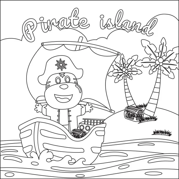 Denizdeki karikatür tarzında bir gemide maymun korsanın temsili. Çocuk aktivite kitabı ya da sayfa boyama için çizgi film stili çocuksu tasarımı.
