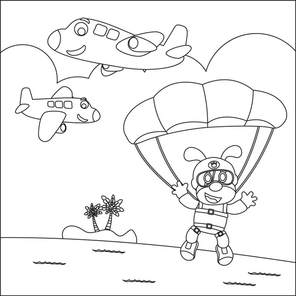 Küçük köpek, uçak ve bulutlarla hava dalışının vektör karikatür çizimi, çocuk aktivite kitabı veya sayfa boyama için çizgi film tarzı çocuk tasarımı.