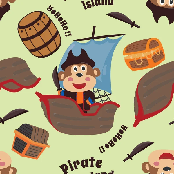 Komik maymun korsan karikatürü, kumaş, tekstil, kreş, bebek kıyafetleri, arka plan, tekstil, ambalaj kağıdı ve diğer dekorasyonlar için şirin deniz desenli vektör kusursuz desen..