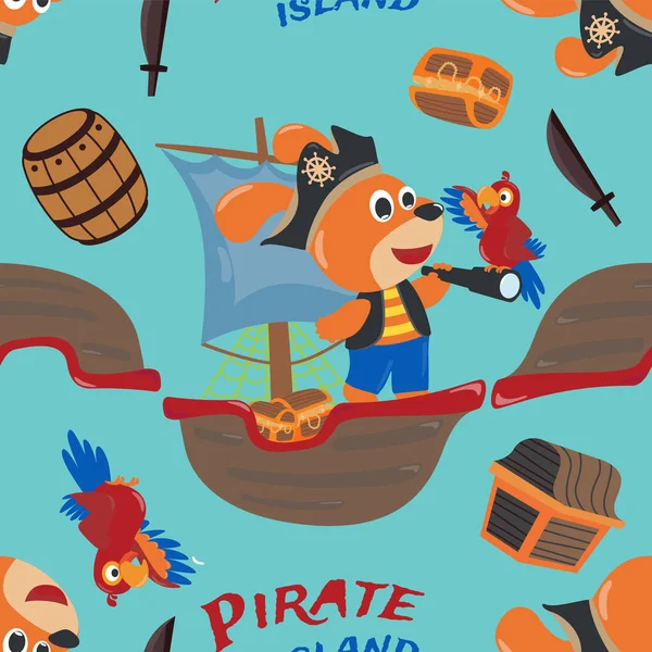 Komik köpek korsan karikatürü, kumaş, tekstil, çocuk odası, bebek kıyafetleri, arka plan, tekstil, ambalaj kağıdı ve diğer dekorasyonlar için şirin denizci deseni olan vektörsüz desen..