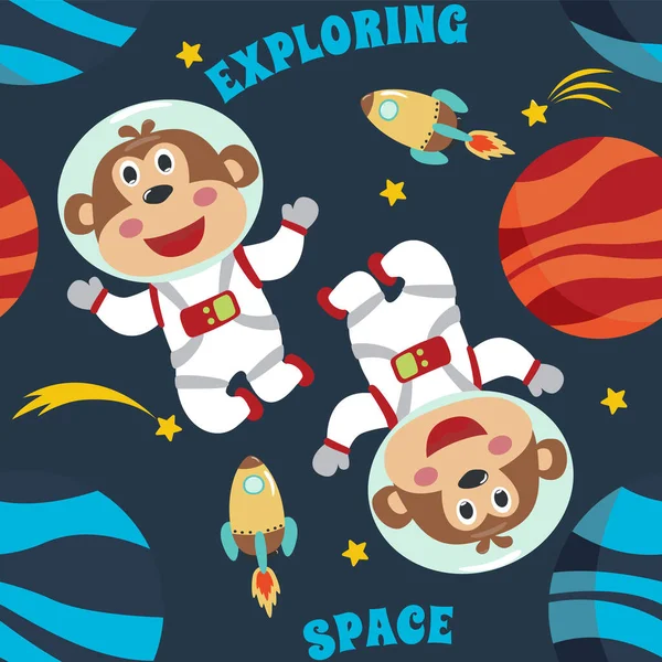 Şirin küçük maymun astronot, roket ve yıldızlara sahip vektör deseni kumaş, tekstil, çocuk odası duvar kâğıdı, poster, broşür taşıyıcı illüstrasyon arka planı için yaratıcı vektör çocuksu arka plan