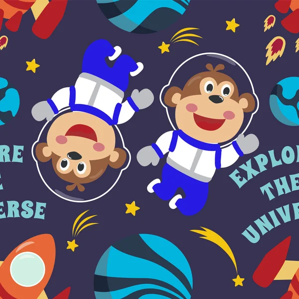 Vector seamless pattern with cute  little astronaut, rocket and stars. Creative vector childish background for fabric, textile, nursery wallpaper, poster, brochure. Vector illustration background.