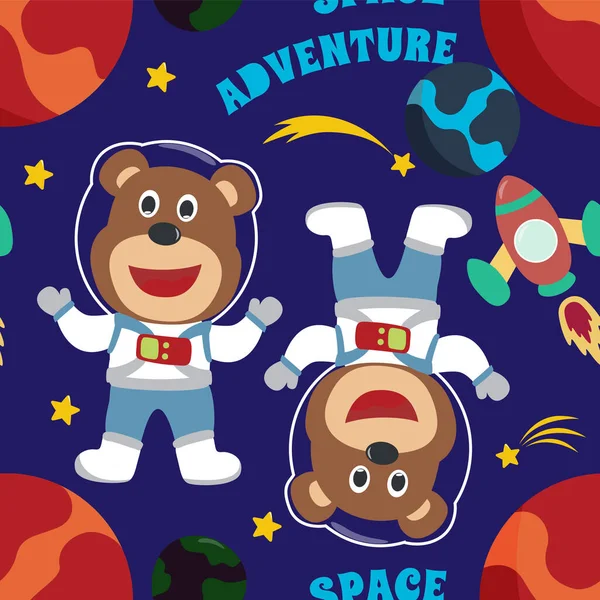 Vector seamless pattern with cute  little bear astronaut, rocket and stars Creative vector childish background for fabric, textile, nursery wallpaper, poster, brochure. Vector illustration background.