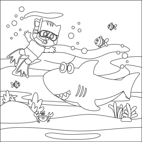 Küçük kedi ve köpekbalığının vektör çizimi, çizgi film stili çocuk aktivite kitabı ya da sayfa boyama.