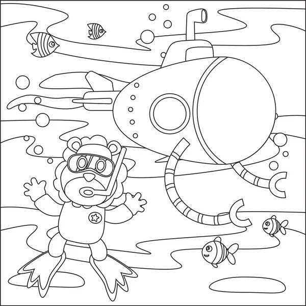 Küçük aslan ve denizaltının vektör çizimi. Çocuk aktivite kitabı ya da sayfa boyama için çizgi film tasarımı..