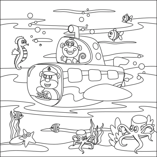 Küçük maymun ve ayı sürücüsü denizaltıyla hava dalışının vektör karikatür çizimi, çizgi film stili çocuk aktivite kitabı ya da sayfa boyama.