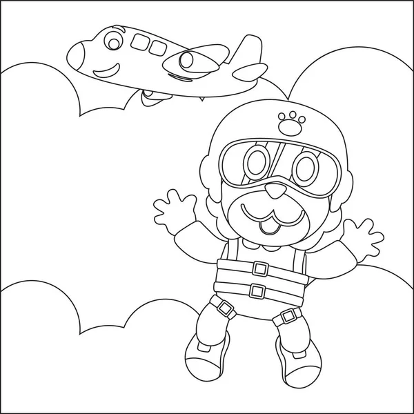 Küçük ayılar, uçaklar ve bulutlar ile hava dalışının vektör karikatür çizimi, çizgi film tarzı çocuk aktivite kitabı ya da sayfa boyama.