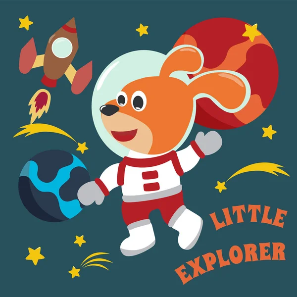 Çizgi film tarzında uzay giysili astronot ya da uzay köpeği. Tişört baskısı için kullanılabilir, çocuklar moda tasarımı giyebilir, davetiye kartı takabilir. kumaş, tekstil, çocuk odası duvar kağıdı, poster ve diğer dekorasyonlar.