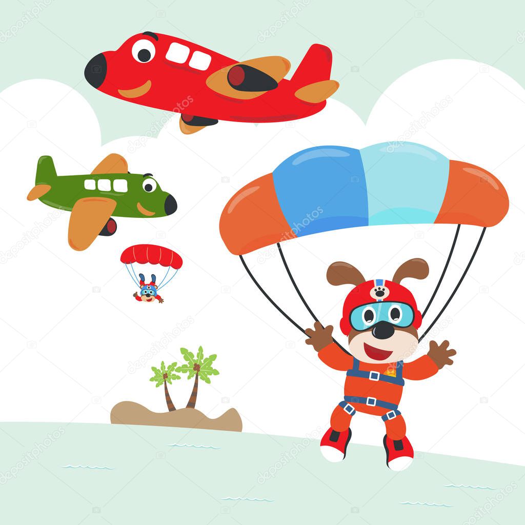 Vector illustration of a cute dog flying with a parachute. with cartoon style. Creative vector childish background for fabric textile, nursery wallpaper, poster, card, brochure. vector illustration