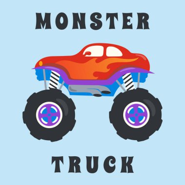 Çizgi film tarzında canavar kamyonun vektör çizimi. Tişört baskısı için kullanılabilir, çocuklar moda tasarımı giyebilir, davetiye kartı takabilir. kumaş, tekstil, çocuk odası duvar kağıdı, poster ve diğer dekorasyonlar.