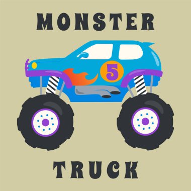 Çizgi film tarzında canavar kamyonun vektör çizimi. Tişört baskısı için kullanılabilir, çocuklar moda tasarımı giyebilir, davetiye kartı takabilir. kumaş, tekstil, çocuk odası duvar kağıdı, poster ve diğer dekorasyonlar.