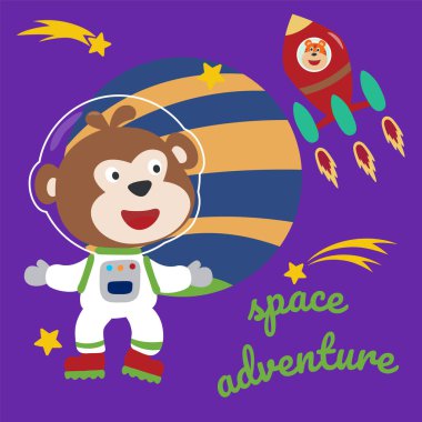 Çizgi film tarzında uzay giysili astronot ya da maymun. Tişört baskısı için kullanılabilir, çocuklar moda tasarımı giyebilir, davetiye kartı takabilir. kumaş, tekstil, çocuk odası duvar kağıdı, poster ve diğer dekorasyonlar.
