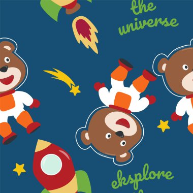 Kusursuz desenli, çizgi film tarzıyla uzayda sevimli astronot ayı. Uzay roketleri, gezegenler, yıldızlar. Kumaş, tekstil, çocuk odası duvar kâğıdı, kart, poster için yaratıcı çocuksu arkaplan