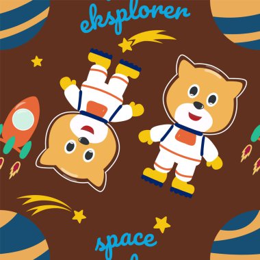 Kusursuz desenli uzayda çizgi film tarzında sevimli astronot kedisi. Uzay roketleri, gezegenler, yıldızlar. Kumaş, tekstil, çocuk odası duvar kâğıdı, kart, poster için yaratıcı çocuksu arkaplan.