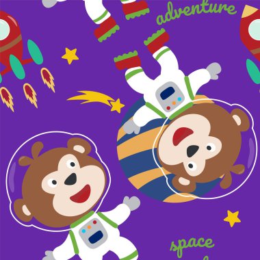 Çizgi film tarzıyla uzayda kusursuz desenli şirin astronot maymunu. Uzay roketleri, gezegenler, yıldızlar. Kumaş, tekstil, çocuk odası duvar kâğıdı, kart, poster için yaratıcı çocuksu arkaplan.