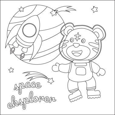 Çizgi film tarzında uzay giysili astronot ya da kaplan. Çocuk aktivite kitabı ya da sayfa boyama için yaratıcı vektör tasarımı.