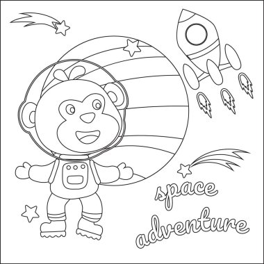Çizgi film tarzında uzay giysili astronot ya da maymun. Çocuk aktivite kitabı ya da sayfa boyama için yaratıcı vektör tasarımı.