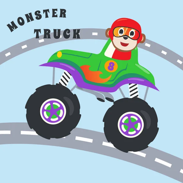 Vetor Desenhos Animados Caminhão Monstro Com Pequeno Motorista Animal Pode —  Vetores de Stock
