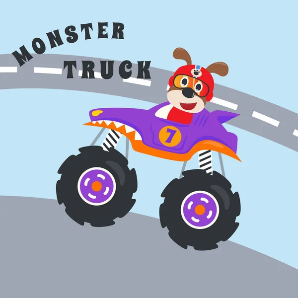 Tecknad Vektor Monster Truck Med Liten Djur Förare Kan Användas — Stock vektor
