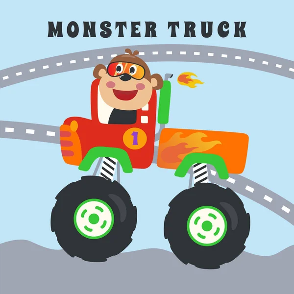 Vetor Desenhos Animados Caminhão Monstro Com Pequeno Motorista Animal Pode — Vetor de Stock