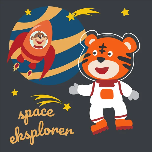 Çizgi film tarzında uzay giysili astronot ya da kaplan. Tişört baskısı için kullanılabilir, çocuklar moda tasarımı giyebilir, davetiye kartı takabilir. kumaş, tekstil, çocuk odası duvar kağıdı, poster ve diğer dekorasyonlar.