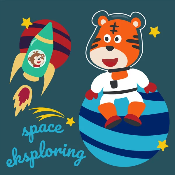 Çizgi film tarzında uzay giysili astronot ya da kaplan. Tişört baskısı için kullanılabilir, çocuklar moda tasarımı giyebilir, davetiye kartı takabilir. kumaş, tekstil, çocuk odası duvar kağıdı, poster ve diğer dekorasyonlar.