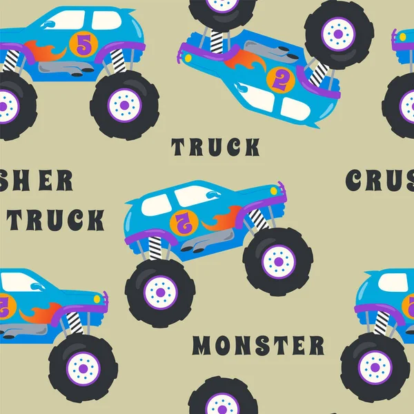 Sömlös Mönster Vektor Monster Truck Tecknad Kreativa Vektor Barnslig Bakgrund — Stock vektor