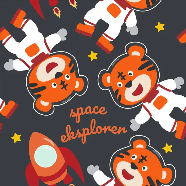 Seamless pattern cute astronaut  tiger in space with cartoon style. space rockets, planets, stars. Creative vector childish background for fabric, textile, nursery wallpaper, card, poster.