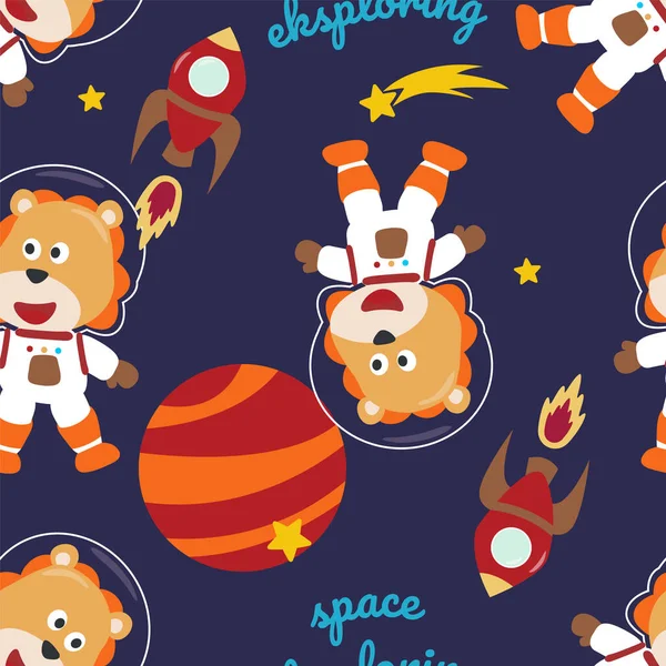 Seamless pattern cute astronaut  lion in space with cartoon style. space rockets, planets, stars. Creative vector childish background for fabric, textile, nursery wallpaper, card, poster.