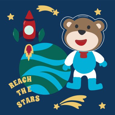 Çizgi film tarzında uzay giysili astronot ya da ayı. Kumaş, tekstil, bebek odası duvar kâğıdı, poster, kart, broşür için yaratıcı çocuksu bir geçmiş. ve diğer dekorasyon.