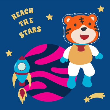 Çizgi film tarzında uzay giysili astronot ya da kaplan. Kumaş, tekstil, bebek odası duvar kâğıdı, poster, kart, broşür için yaratıcı çocuksu bir geçmiş. ve diğer dekorasyon.